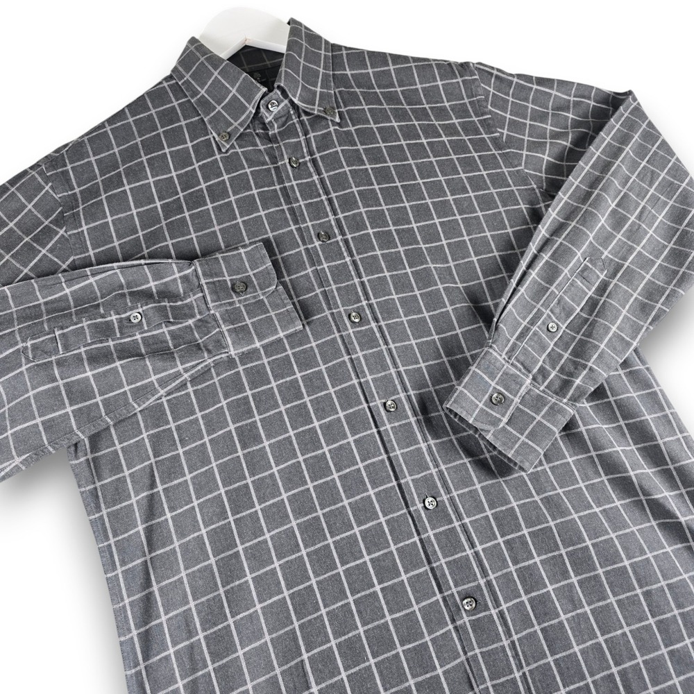 Bergdorf Goodman Mens Shirt M Grey Windowpane Plaid Cotton Tailored Fit Italy